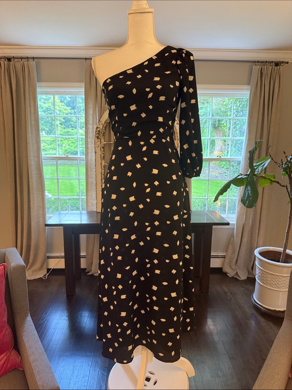 Little Lie One-Shoulder Black Dress with Cream Abstract Print from Anthropologie
